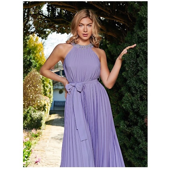 Beautiful Rhinestone Lilac Halter Style Pleated Dress - Picture 2 of 5